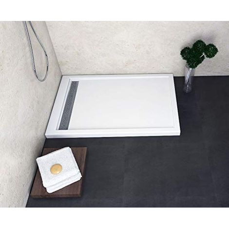 ECOLAM Receveur de douche rectangle West 100x80 cm  hauteur 5,5 cm - profondeur 3 cm + grille plaque de recouvrement  siphon + silicone (1/5)