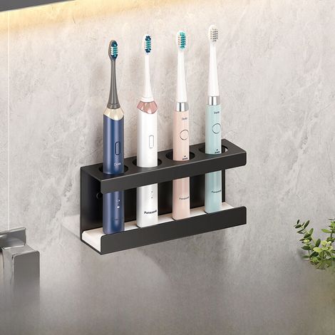Porte-brosses à dents noir sans perçage, 4 personnes, fixation murale, support pour brosses à dents électriques, porte-gobelets pour dents, gobelet pour bain de bouche, dentifrice (1/5)