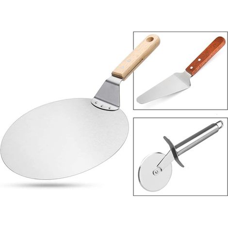 MINKUROW 3-teiliges Pizzaofen-Set Pizzaschaufel, Pizzaschneider, Pizzaschaufel, Küchenutensilien, Utensilien, Tortenheber, Edelstahl, Palettenheber, Keksheber, Holzgriff (1/5)