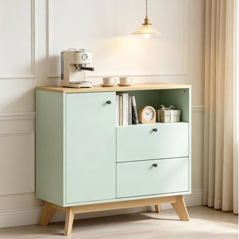 Aparador de salón (80x35x76.3 cm), con armario, 2 cajones y estante abierto, MDF, verde claro y roble (1/5)
