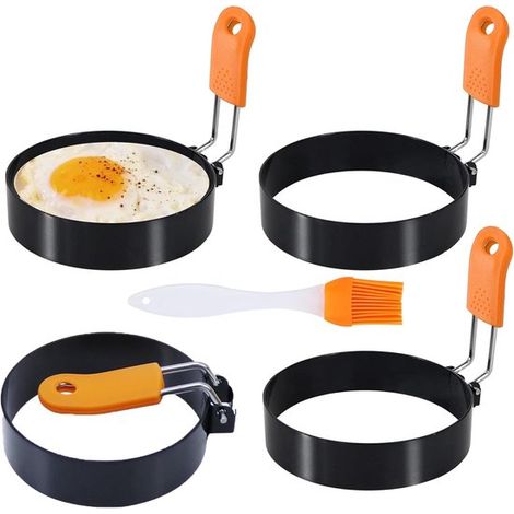 Anelli per uova, set da 4, stampo per uova fritte con pennello incluso, rivestimento antiaderente, manico in silicone, pieghevole, per padella, griglia, pancake, padelle riutilizzabili (1/5)