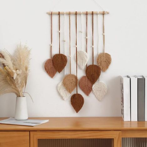 Tenture Murale en Macramé, Tapisserie Tissée à Main en Feuilles de Bohème, Décoration Murale en Plumes pour Salon Chambre à Coucher Maison (Marron) (1/5)