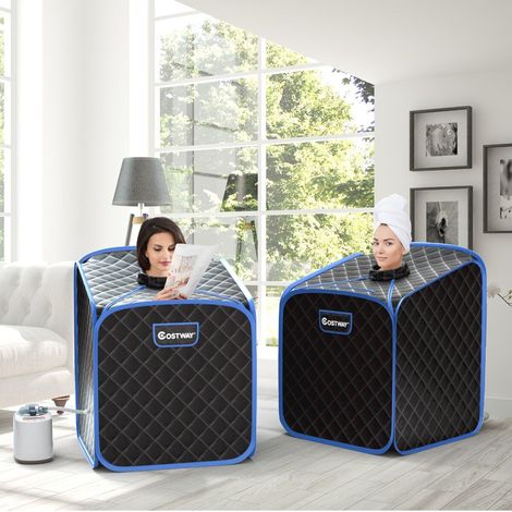 Sauna vapeur portable avec chaise, rouleau de massage des pieds et tapis absorbant, 9 niveaux de température réglables, cabine spa intérieure - noir (1/5)