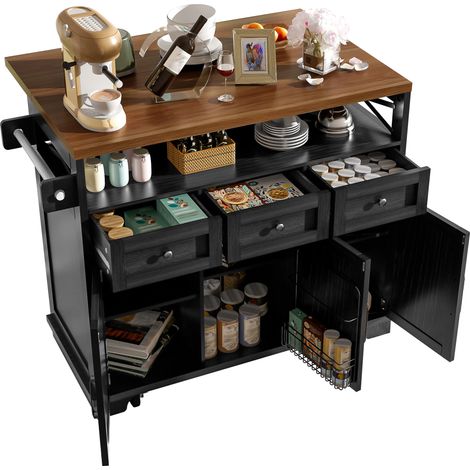 Îlot de cuisine,Desserte de Cuisine Extensible Noir avec 3 tiroirs & 3 Portes & porte-serviettes,Roulettes 360°,118×43(70)×98cm (1/5)