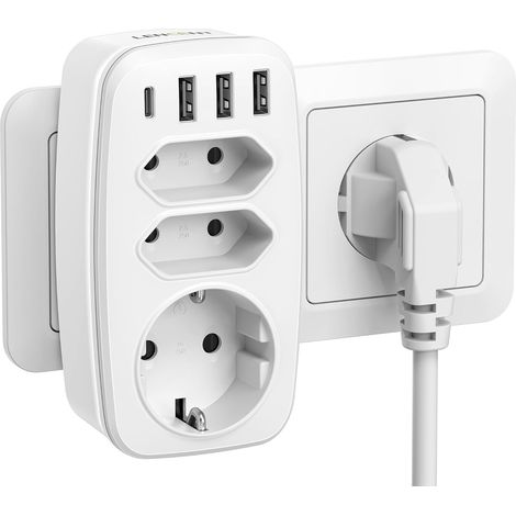 Prise USB Secteur Multiple, 7 en 1 Chargeur USB Multiprises 1 Sortie AC 16A, 4000W, 2 Prises Euro,1 Type C et 3 Ports USB-A, Prise Murale Electrique Idéal pour Chambre Bureau Domicile (1/5)