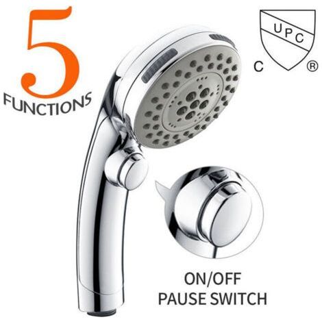 Pommeau de Douche Chromé avec Bouton Stop, Douchette à Main 5 Jets au Choix, Picots Anticalcaires. (1/5)
