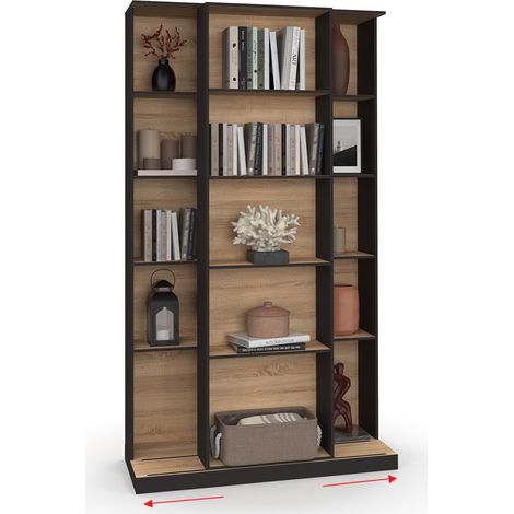 ALPHONSE Libreria scorrevole in legno e nero a 5 livelli e 15 nicchie