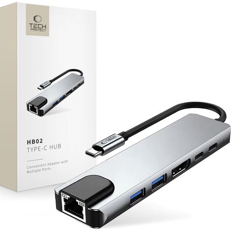 Adattatore HUB 6 in 1 USB-C USB-A HDMI RJ45 4K 30Hz PD 100W - grigio (1/5)