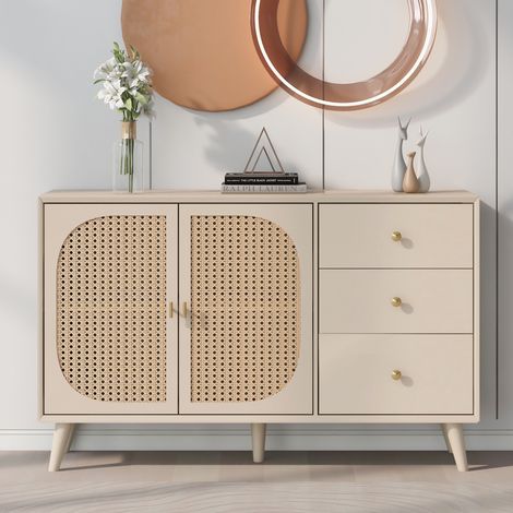 Buffet commode de rangement, meuble bas de salon bohème chic, en bois et rotin avec 2 portes et 3 tiroirs 120 cm, Blanc cassé