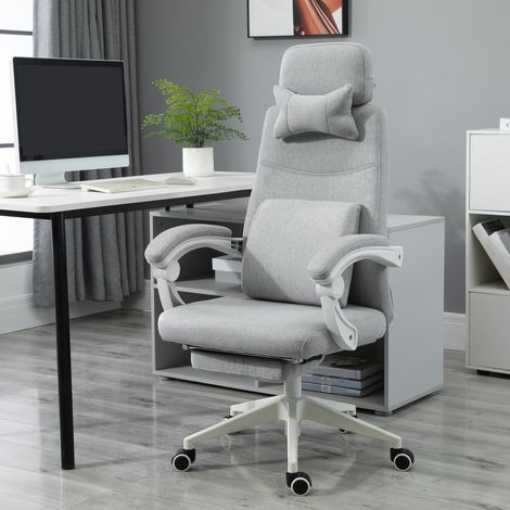 Sedia da Ufficio Ergonomica, Sedia da Scrivania con Rotelle, Cuscino Lombare, Poggiatesta e Poggiapiedi Estraibile, Grigia 62x68x117-127cm