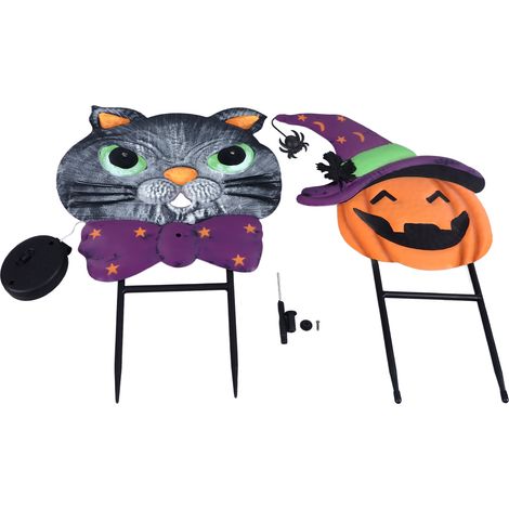Piquet Décoratif Halloween Chat et Citrouille Métal Lumineux Rustproof 2 Pièces Empilées pour Jardin Terrasse Extérieur (1/5)