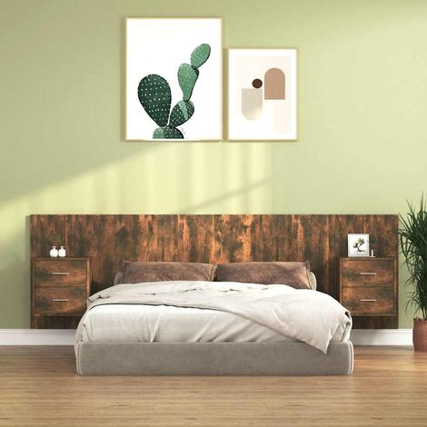 vidaXL Cabecero de cama y mesitas madera contrachapada roble ahumado (1/5)