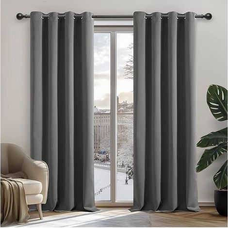 2 tende oscuranti termoisolanti, grigio chiaro, 140 x 180 cm, occhielli da 4 cm, per camera da letto e soggiorno (1/5)
