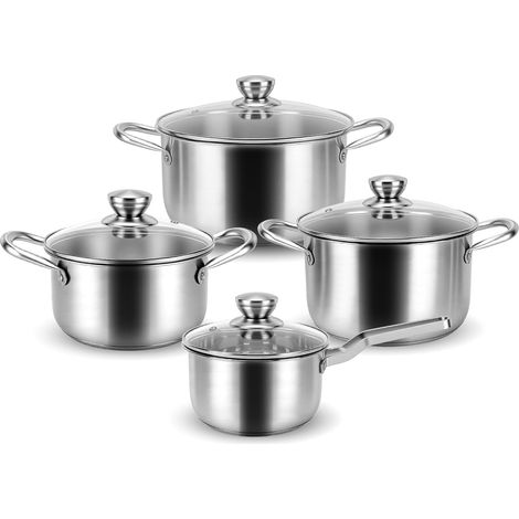 8-Piece Stainless Steel Cookware Set, Set of 4 Saucepans with 4 Glass Lids, Suitable for All Heat Sources Including Induction, Pot Set – 16/18/22/24 cm (1/5)