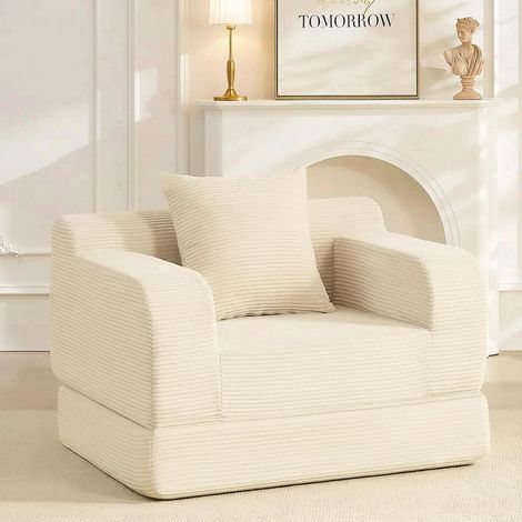 Schlafcouch 2-in-1 Wumagin, 1-Sitzer, 100x84x66 cm, Cordvelours, Schaumstoffpolsterung, mit Kissen, für Wohnzimmer & Schlafzimmer, Weiß (1/5)