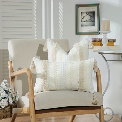 Throw Pillow Covers 12"x20" , 3 Pack Woven Tufted Soft Plush Tassel Series Decorative lumbar Throw Pillow Cover, Gray Stripe (1/4)
