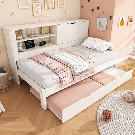 Cama dormitorio con almacenamiento y carga tipo C blanca OKMYHOME (1/5)