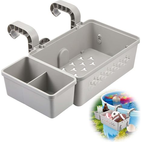 Swimming pool storage basket set includes plastic swimming pool basket, cup holder, multi-function swimming pool accessories suitable for above ground swimming pool tub (gray) (1/5)