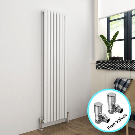 ELEGANT 1800 x 480 mm White Vertical Column Radiator Double Oval Panel Designer Efficient Radiator + Chrome Angled Radiator Valves (1/5)