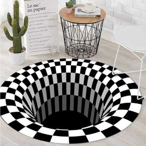 Tapis rond 3D illusion d'optique antidérapant, noir et blanc, tapis de sol non tissé pour chambre salon décoration intérieure, paillasson anti-glisse A (60 cm) (1/4)