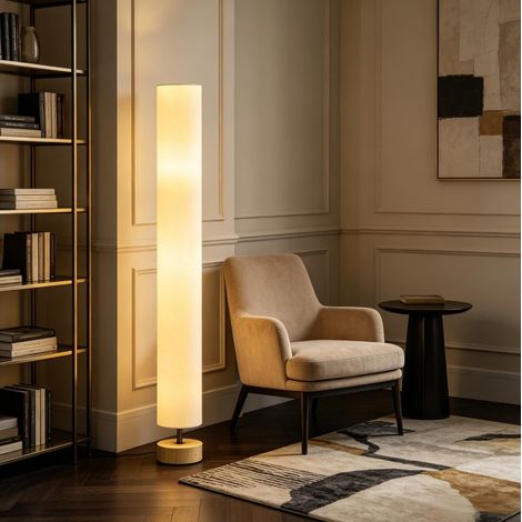 Lampadaire beige à abat-jour en lin, 2 douilles E27, interrupteur au pied, H 120 cm (1/5)