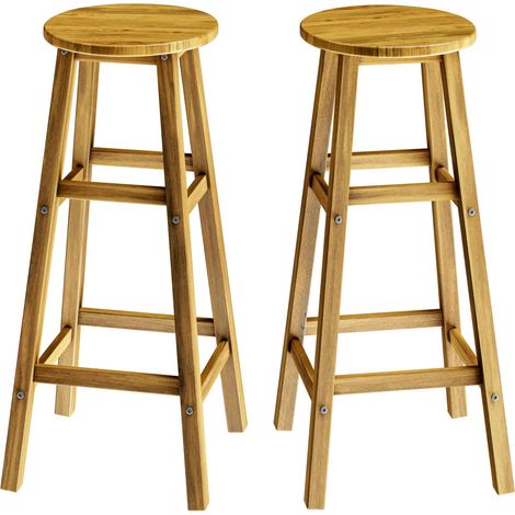 CASARIA® 2x Tabourets de bar chaises hautes bois d'acacia assise ronde avec repose-pieds hauteur 75 cm style rustique (1/5)