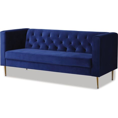 Divano fisso in velluto "Bruce" - 196 x 76 x 82 cm - 3 posti a sedere - Blu scuro
