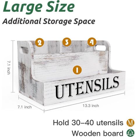 Extra großer Küchenutensilienhalter mit 4 Fächern, weißer Utensilienorganizer aus Holz für die Küchenarbeitsplatte, Aufbewahrung für Küchenutensilien im Landhausstil (1/4)
