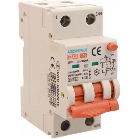 RCBO Interruttore Magnetotermico Differenziale Con Doppia Leva Tipo A Curva C 2P 2M 6000A 300mA, Diagnostica Visiva, C40A  AC 230V IP20 IEC61009-1 PL8M2 GB65640