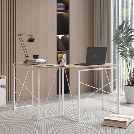 Scrivania angolare a L, salvaspazio, ampia superficie di lavoro, struttura in metallo e legno, bianco rovere (1/5)