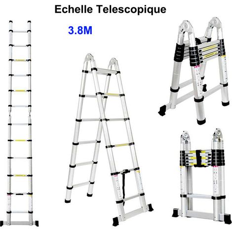 Hobag – Échelle télescopique pliante en aluminium – Charge 150 kg – Hauteur 3,8 m – Antidérapante et sécurisée pour chantiers (1/5)