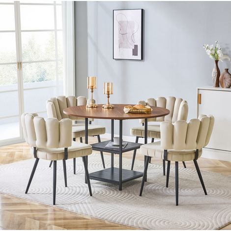 Conjunto mesa de comedor redonda 107 cm MDF nogal, 4 plazas, para espacio pequeño – MEUBLIV (1/5)
