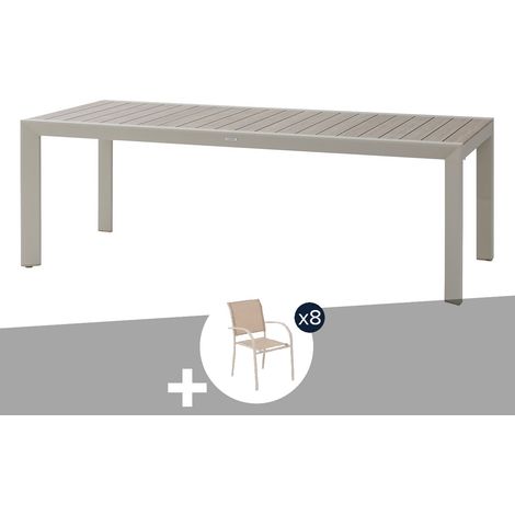 Table de jardin rectangulaire alu Evasion 8 places effet bois Lin Argile + 8 fauteuils Piazza - Hespéride