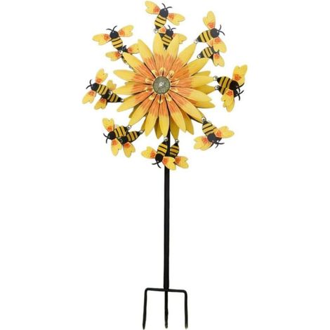 Moulin à Vent en Forme de Tournesol et Abeille, Moulin a Vent Jardin Exterieur avec Tige en Métal Décoration Rotative Alimentée par la Brise pour Pelouse, Jardin, Terrasse, Cour, Porche (A)