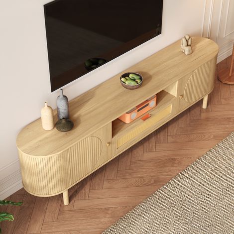 AMXCNOY Meuble TV moderne avec tiroirs en rotin à compartiments ouverts, plateau arrondi, pieds en métal aspect bois, meuble de salon multifonctionnel. (1/5)