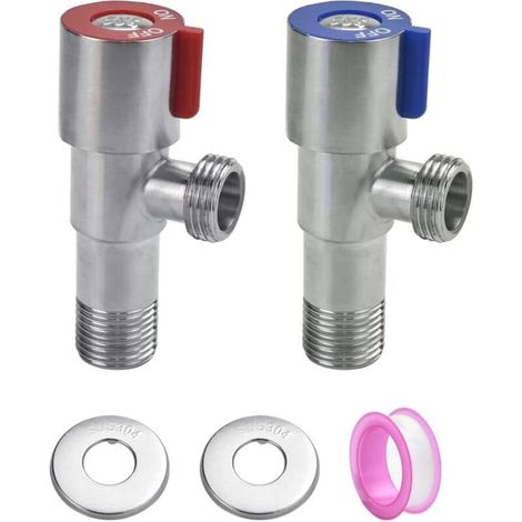 2 PCS Vanne d'Angle de Robinet en Acier Inoxydable 304 Vanne de Régulation d'Angle Métallique Robinet d'Équerre Universel avec Ruban Étanche pour Robinet de Lavabo, Toilette, Chauffe-eau (1/5)