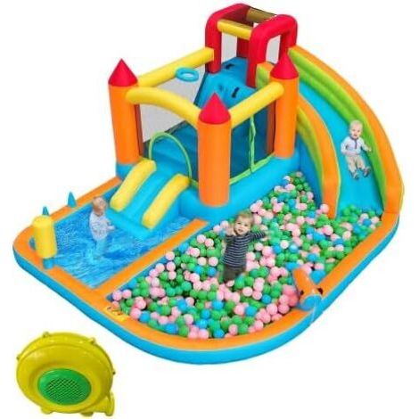 Château gonflable avec ventilateur, château gonflable multifonctionnel pour enfants, trampoline, panier de basket, pistolet à eau, 2 zones de piscine, parc aquatique pour enfants extérieur pour (1/5)