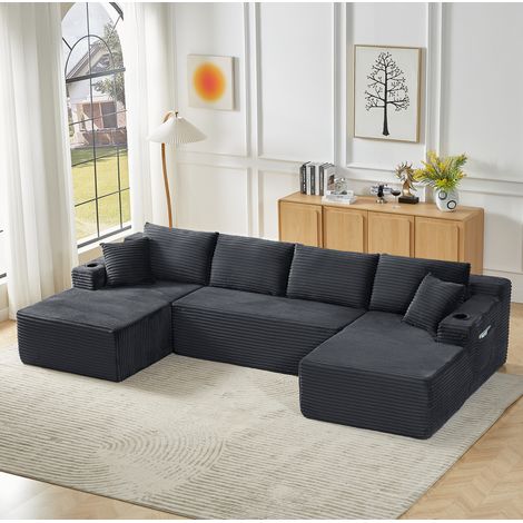 Modulares U-Sofa aus Cordstoff, 339 x 168 x 82 cm, dunkelgrau OKMYHOME (1/5)