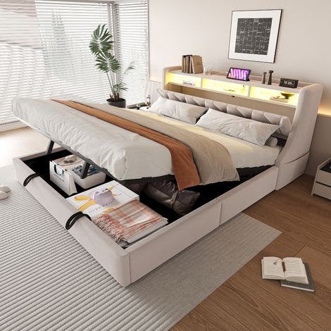 Polsterbett 180x200 cm mit hydraulischem Stauraum und LED-Beleuchtung, Doppelbett mit umklappbarem Kopfteil und Steckdose, Samt Beige (1/5)