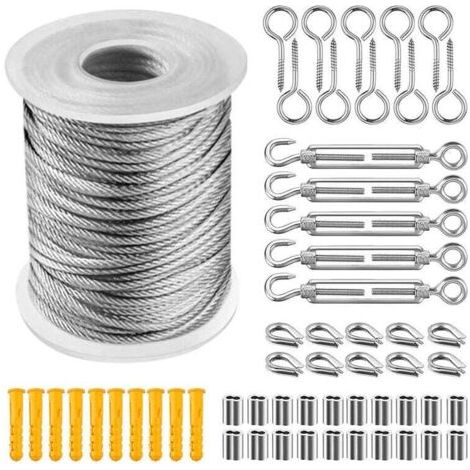 Kit di funi per appendere in acciaio inox 304, cavo in acciaio inox rivestito in nylon, tenditore per cavo in acciaio e PVC, per corde da tenda, stendibiancheria, lampadari da esterno, giardino (30 m)
