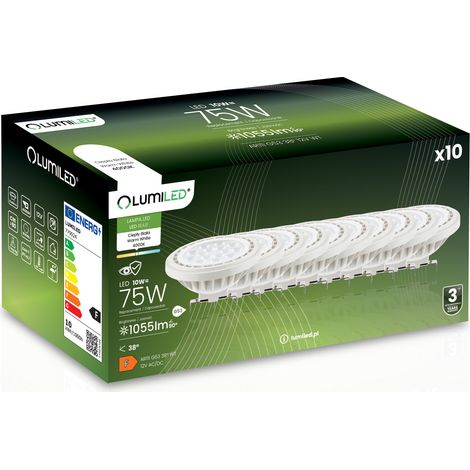 10 bombillas LED G53 reflectoras AR111 10W = 75W 1055lm 4000K Neutro 38° 12V LUMILED