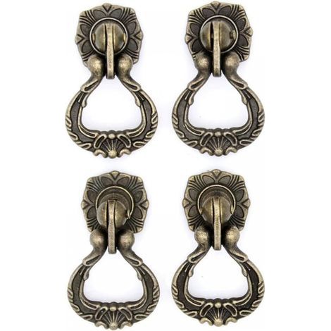 Set of 4 vintage antique brass hanging handles with single mounting hole for drawer, cabinet, chest of drawers, wardrobe (height 5.9 cm, width 3.5 cm) (1/4)