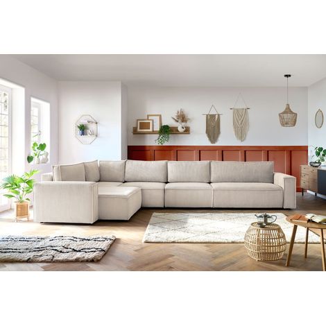 Bobochic – Canapé d'angle modulable XL 6 places – Tissu velours côtelé – 2 chauffeuses – Angle gauche – Style vintage – Fabrication Pologne (1/5)