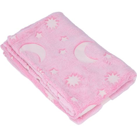 Couverture phosphorescente 1,5 x 2 m, double face, en flanelle, motif étoiles et lune, douce, brille dans le noir, pour enfants, rose (1/5)