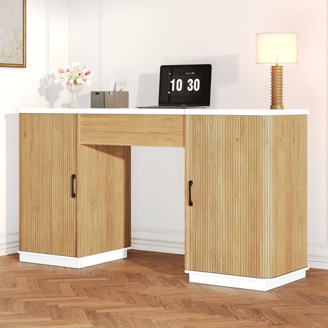 Modernluxe - Bureau à hauteur réglable 140x50 cm - 2 tiroirs et 2 étagères ouvertes - Bureau d'ordinateur/Coiffeuse - Naturel+ Blanc (1/5)