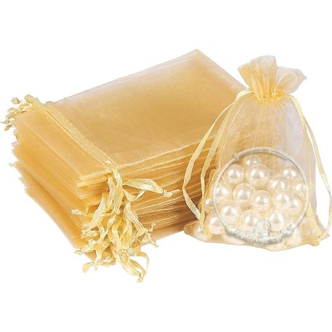 100 Sachets en organza, cordon de serrage, couleur dorée, 10x15cm, mariage, fête (1/5)