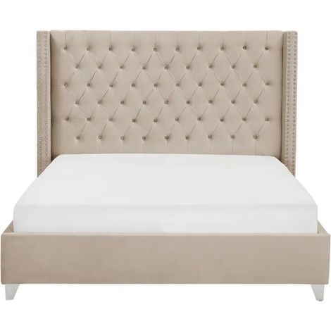 Lit double 180x200 cm velours beige tête capitonnée sommier inclus PRINCESSE (1/5)