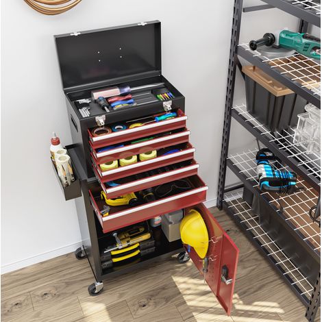 Carrello porta utensili da officina con ruote, 5 cassetti con serratura, acciaio nero e rosso HAVRYA (1/5)