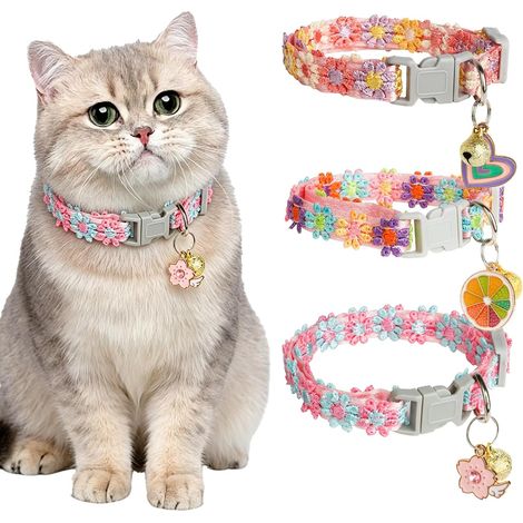 3 Pièces Kit Collier Chat, Broderie Florale Collier pour Chat, Colliers Chaton avec Mignon Pendentif (1/5)