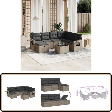 Salon de jardin 8 pcs avec coussins gris résine tressée - Ensemble Salon De Jardin - Mobilier De Jardin - Canapé D'extérieur - Set De Salon - Chaise Longue